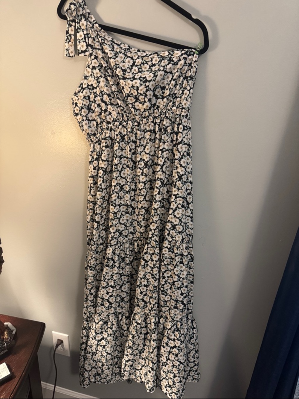 Floral One-Shoulder Maxi Dress in Black and Cream